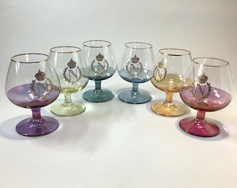 Vintage colored etched brandy and bourbon glass set | Unique whisky glass set