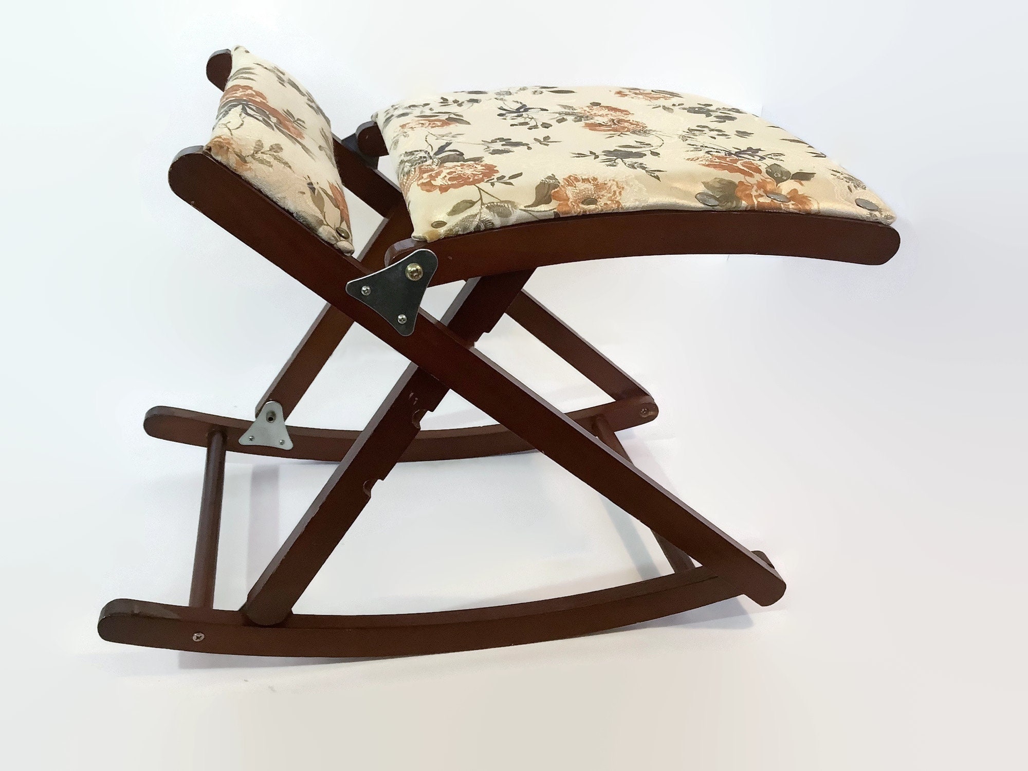 Teak wooden folding foot rest stool Vintage rocking chair for foot resting upholstered with floral print
