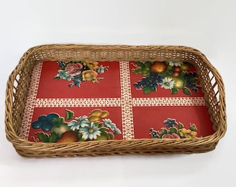 Vintage wicker rattan large rectangular serving tray with handles | Breakfast or tea and coffee table tray