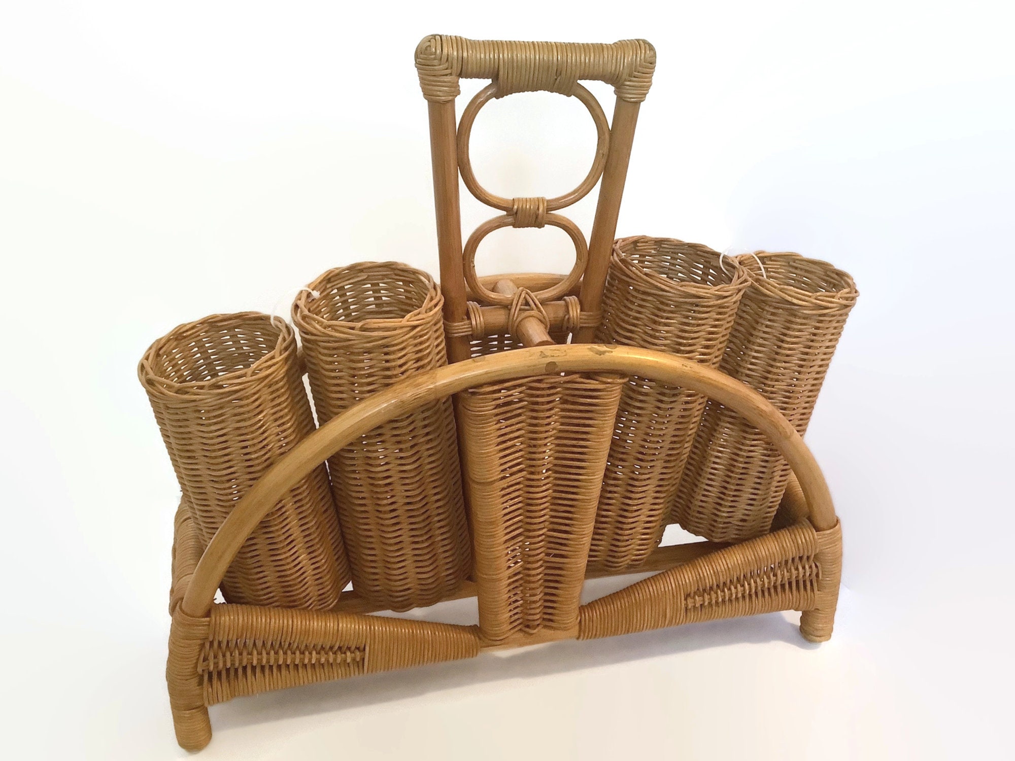 Vintage Wicker Wine Rack for 4 Bottles Rattan Bottle Holder Etsy
