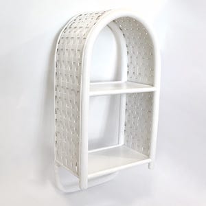 Vintage white rattan bamboo Wall Shelf with towel rack - 2 two tiers