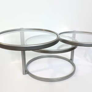 Antique 70s swivel round glass coffee end table in Milo Baughman Style | Vintage unique mid-century modern convertible side table