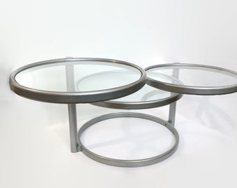 Antique 70s swivel round glass coffee end table in Milo Baughman Style | Vintage unique mid-century modern convertible side table