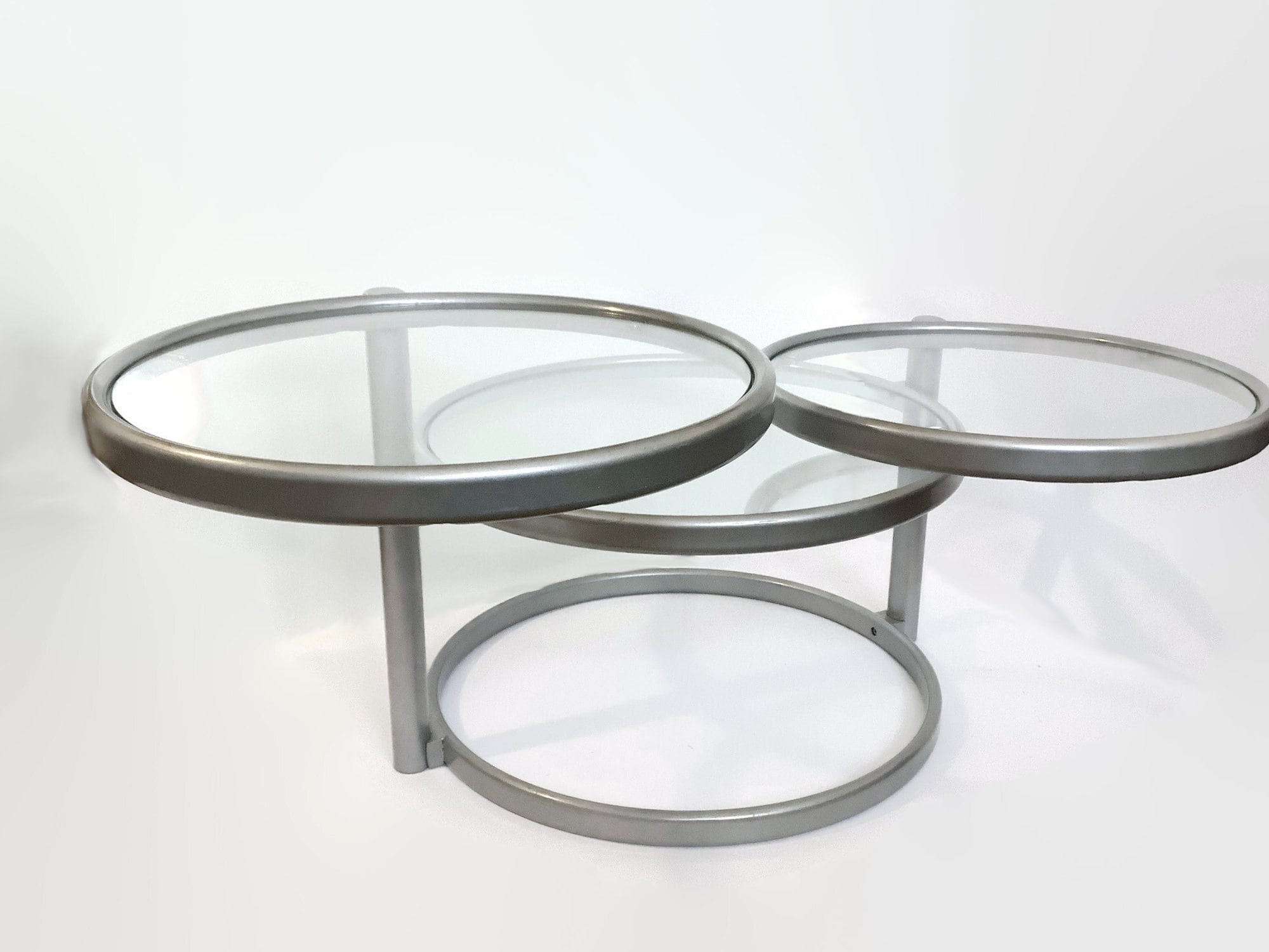 Antique 70s Swivel Round Glass Coffee End Table in Milo Baughman