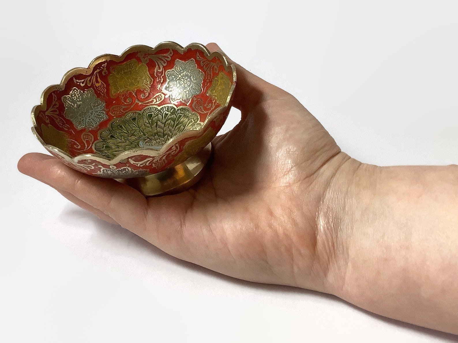 Vintage Brass Footed Catchall Bowl With Peacock Decor Small Decorative