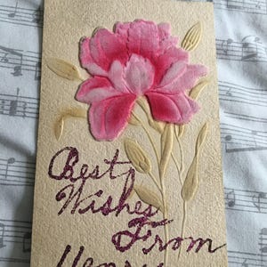 Postal vintage de EE. UU. "Los mejores deseos de HENRY o Hensy" con purpurina y flor rosa eduardiana. Enmarcado inusual para libro de recuerdos.