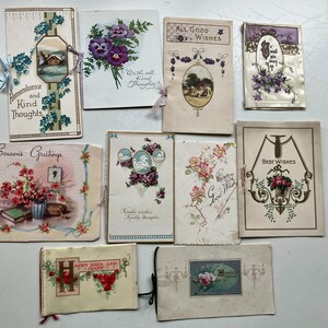 Lotto di 10 biglietti d'auguri vintage in stile vittoriano ed edoardiano, fiori di Natale, rose, violette, viola del pensiero, nastri rari floreali