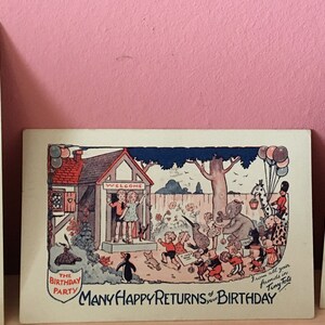 3 x cartes postales d'anniversaire Tiny TOTS vintage des années 1930 avion animaux jouets livres pour enfants personnages Weymouth Dorset des années 30 doux mignon rare