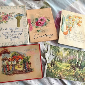 5 x vintage Art Deco GREETINGS CARDS 1930s hand painted; tulips; woodland scene