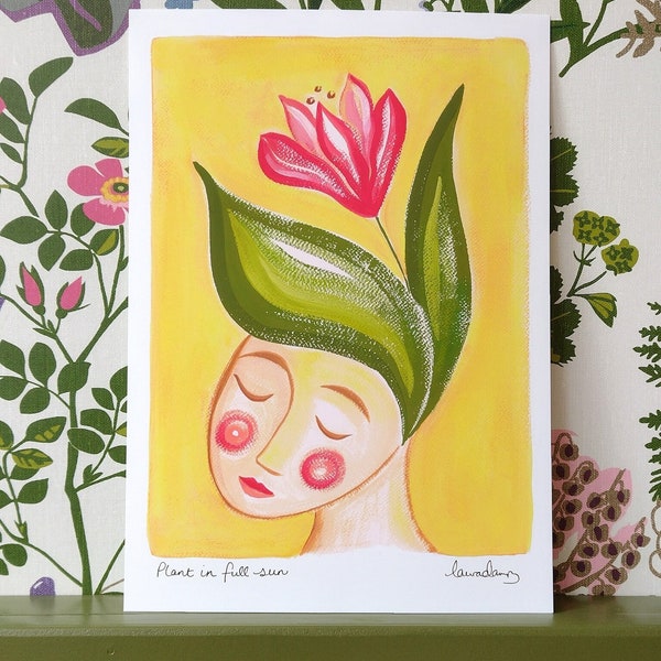 Plant in Full Sun, Floral Art Print, Girl with Flowers in Her Hair, Faith, Sunshine Art, Abstract/Minimalist A4/A3, Unframed Print