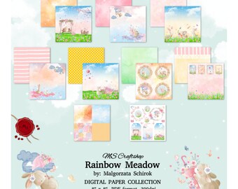 Digital Paper Collection, 8x8 (20.3cm x 20.3cm), "Rainbow Meadow", for Scrapbooking, Cardmaking, Mixed Media and Journaling, Spring Set
