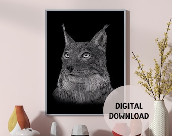 Lynx Wildcat Black and White Art Print - Digital Download - Wildlife Conservation - Nursery Decor Printable Art - Lynx Artwork