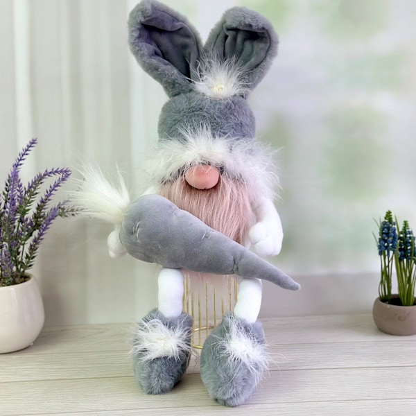 Rabbit Gnome, Cute Large Bunny Gnome, Easter Gnome, Taupe Gray White Neutral Decor, Large Sitting Gnome Home decor, Dangly Legs, Tiered Tray