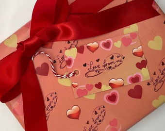 Love from Me inpakpapier met bijpassend cadeaukaartje, cadeaupapier met hartjes, romantisch cadeaupapier
