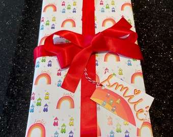 Gnomes and rainbows wrapping paper with matching gift tag, cute gift wrap