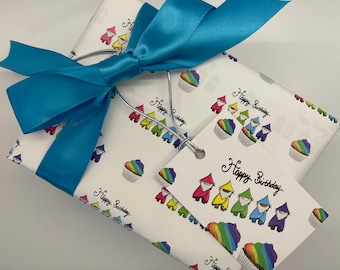 Gnomes and Cakes Wrapping Paper with matching gift tag, Rainbow, cute gift wrap, Happy Birthday