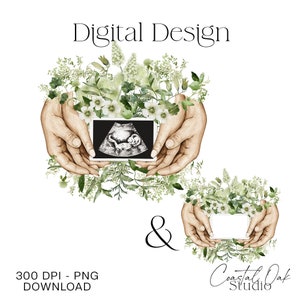 Mains tenant sonagramme/échographie, plantes forestières, conception numérique PNG, conception par sublimation, téléchargement numérique, cliparts pour usage commercial.