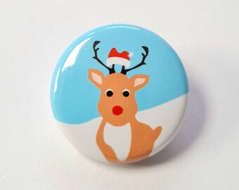 1 Stk. Ansteckbutton mit Bogennadel, Mini, Ø 25mm, Rudolf als Mitgebsel, Mitbringsel, kleines Geschenk für Kinder in der Weihnachtszeit