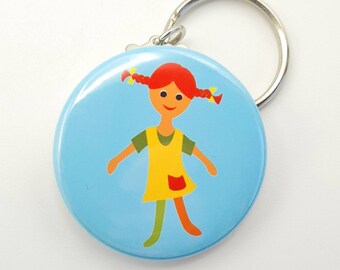 Doll, button pendant with key ring, Ø 37 mm, a small gift for children