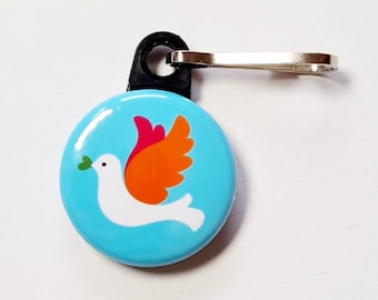 Dove of peace, mini, button pendant with snap hook, Ø 25 mm, a small colorful dove with a heart for peace