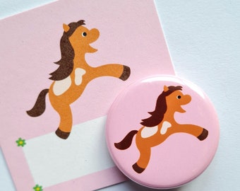 Horse with card, pony, button, pin, Ø 32 mm, a small gift for children