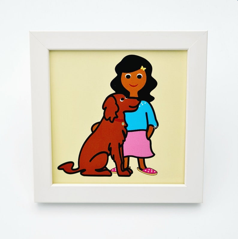 Mini children's picture 'Girl with Setter' in a wooden frame, 12 x 12 cm, a small gift for dog lovers image 1