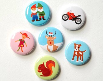 6 pcs., mini, clip-on buttons with bow needle, Ø 25 mm, as a gift, souvenir or trifle for the Advent calendar