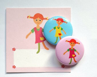 Set of 2 buttons 'Doll', mini, Ø 25 mm, pink and blue. Children's birthday souvenirs, party bags, giveaways