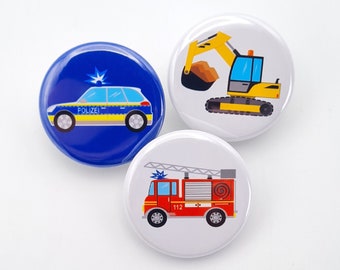 A strong button trio :) Police, fire brigade and excavator, pin badge, Ø 32 mm. As a souvenir, party bag, little something for children