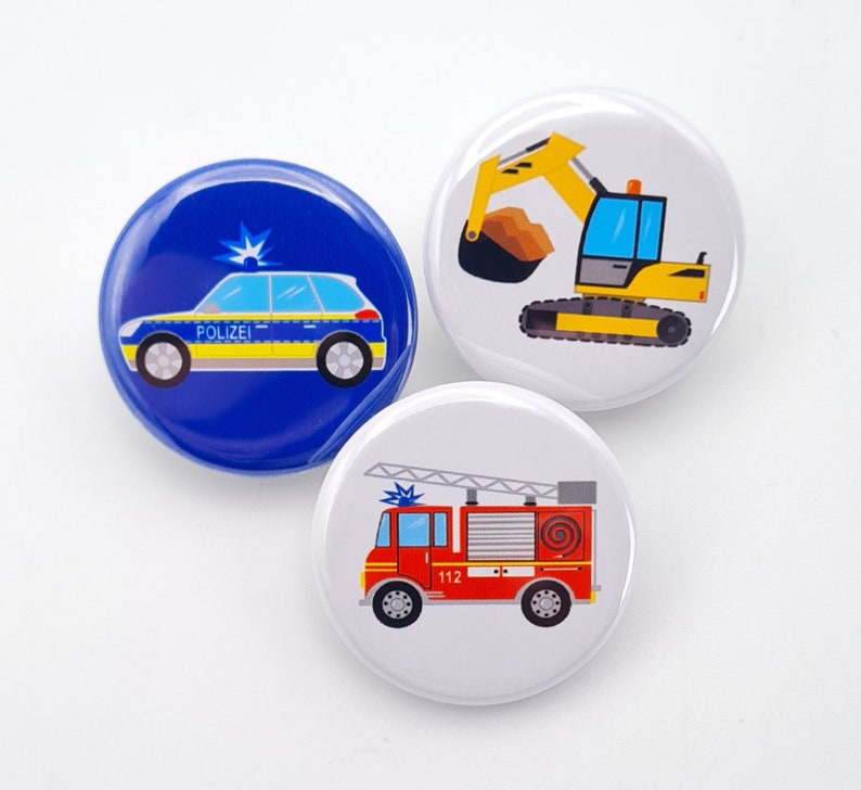 Ein starkes Button-Trio : Polizei, Feuerwehr und Bagger, Ansteckbutton, Ø 32mm. Als Mitbringsel, Mitgebsel, Kleinigkeit für Kinder Bild 1