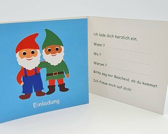 Invitation card for children. A small folded card with dwarves and envelope, 11 x 11 cm. Card made of recycled cardboard.