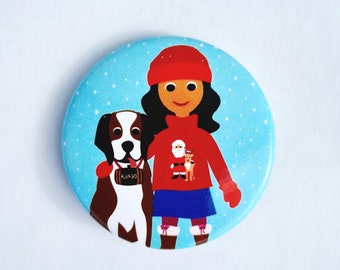 1 piece button, 'Rosa & Bernhard' for pinning, button with safety pin, 38 mm, a little something for the Advent calendar