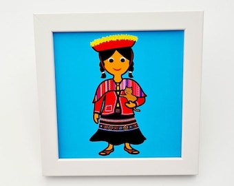Mini-Kinderbild 'Peruanisches Mädchen mit Kätzchen' im weißen Holzrahmen. Ein niedliches Bild fürs Kinderzimmer. 12x12 cm.