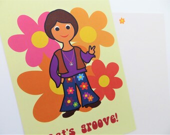 Greeting card, motif card, invitation 'Let's groove!', 70s party, made of recycled cardboard, DIN A6, with envelope