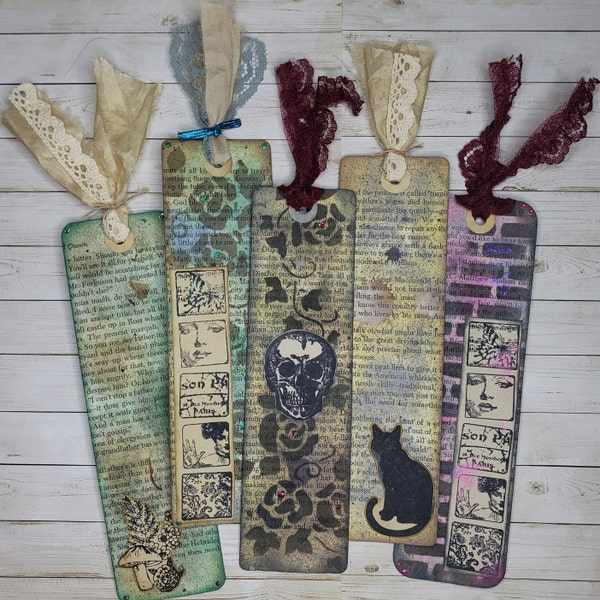 Handmade Bookmarks, Mixed Media Bookmarks, Junk Journal Bookmarks, Collaged Bookmarks, Goth Bookmarks