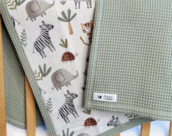 Organic Waffle and Muslin Blanket – Embroidered Name Blanket – Personalized Baby Gift – Soft & Warm Newborn Blanket – Safari Nursery
