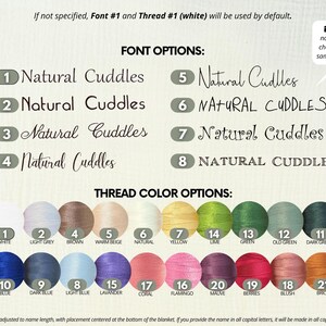 May include: Image showcasing font and thread color options for personalized items. Includes eight font styles and a palette of twenty-one thread colors. Text reads: "Natural Cuddles" in various fonts. Measurements are in inches.