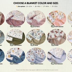 May include: A selection of baby blankets in various colors and patterns, including floral, animal, and nature themes. The blankets are displayed in a circular arrangement, with options for different sizes, such as 25 x 32 inches, 28 x 40 inches, 37 x 40 inches, and 37 x 55 inches.