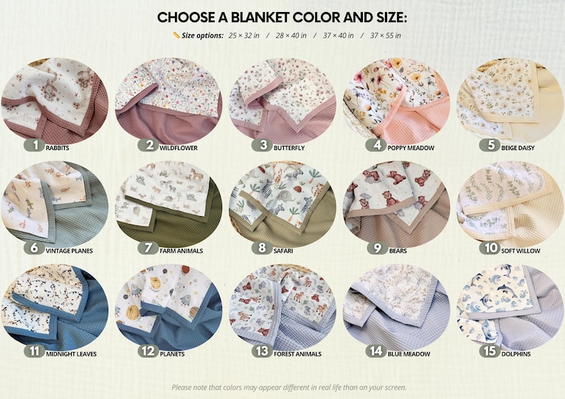 May include: A selection of baby blankets in various colors and patterns, including floral, animal, and nature themes. The blankets are displayed in a circular arrangement, with options for different sizes, such as 25 x 32 inches, 28 x 40 inches, 37 x 40 inches, and 37 x 55 inches.