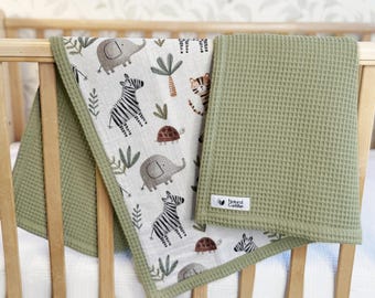 Organic Waffle and Muslin Blanket – Embroidered Name Blanket – Personalized Baby Gift – Soft & Warm Newborn Blanket – Safari Nursery