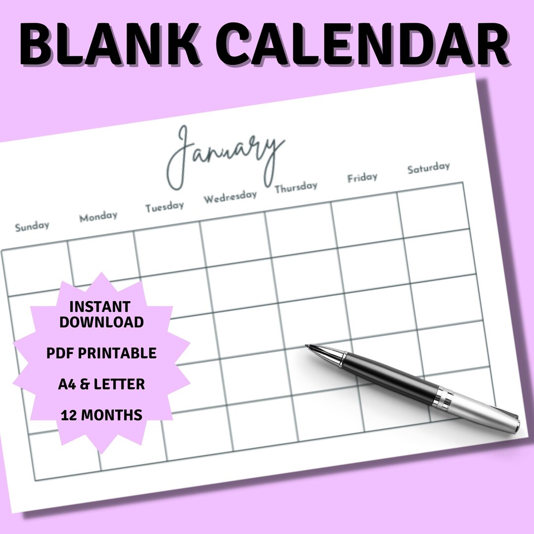 Blank Calendar 12 Months, Simple Calendar, A4 & Letter Size, Horizontal ...