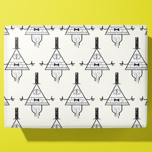 May include: A rectangular object with a repeating pattern of a triangle-shaped character with a top hat, bow tie, and one eye. The design is black and white on a cream background. The object is set against a bright yellow background.