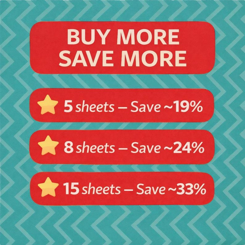 The image is a promotional graphic with a red background and a zigzag pattern. It features a message encouraging customers to buy more, with a list of products and their corresponding discounts.