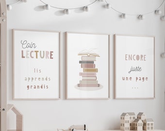 Affiches rose coin lecture des petits en français, 3 posters décoratifs pour salle de jeux de petite fille ou école