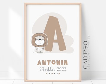 Affiche de naissance lion personnalisée prénom avec initiale, décoration murale pour enfant