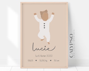 Personalized little girl birth poster, birth gift, natural colors poster, baby room decoration