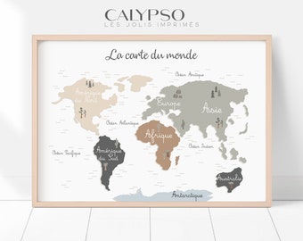 Carte du monde pour enfants, déco murale teintes naturelles pour chambre, salle de jeux, école