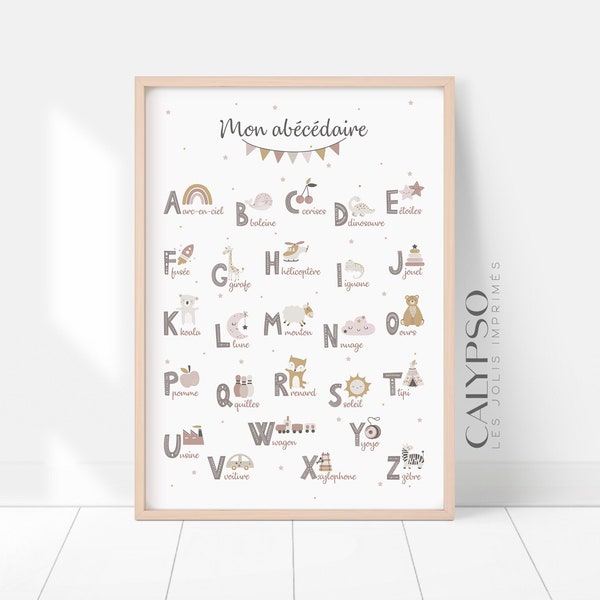 Affiche abécédaire rose, poster éducatif pour apprendre l'alphabet, lettres et illustrations