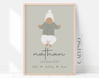 Affiche de naissance garçon personnalisée, cadeau de naissance bébé, affiche couleurs pastelles, couleur de la peau modifiable, déco bébé