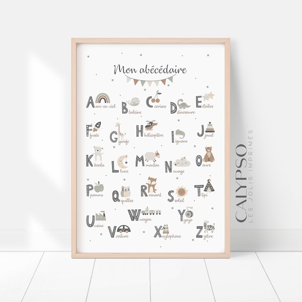 Abécédaire pour enfants, affiche éducative illustrée et décorative pour apprendre l'alphabet, illustration Montessori